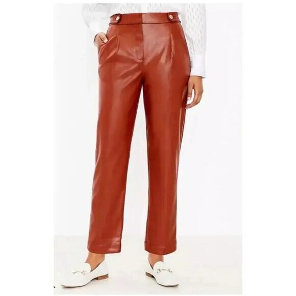 LOFT Tall Size 14 Faux Leather  Pants Brown Button Tab NWT $89 - Picture 1 of 5